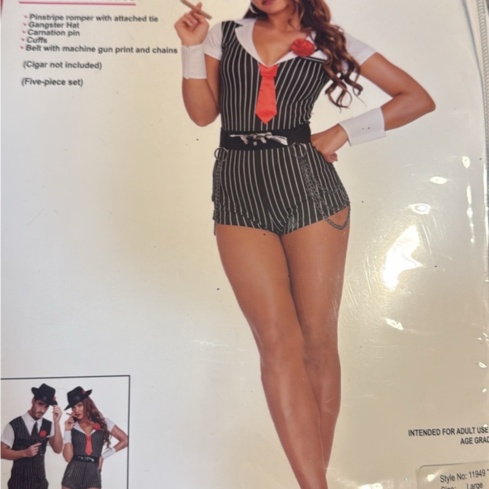Dreamgirl Black and White Pinstripe Romper with Red Tie